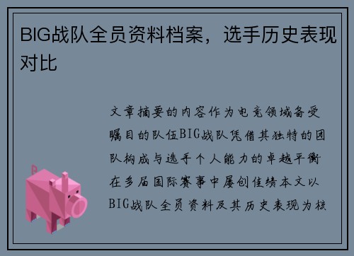 BIG战队全员资料档案，选手历史表现对比