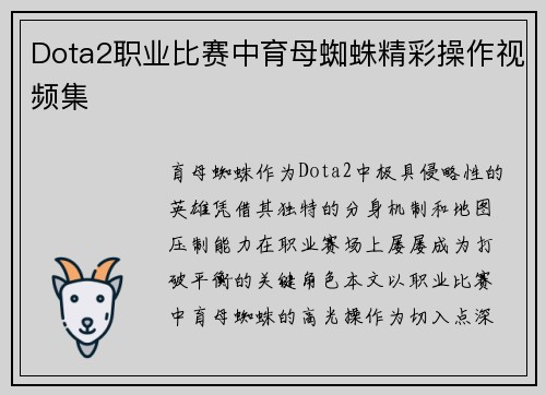Dota2职业比赛中育母蜘蛛精彩操作视频集