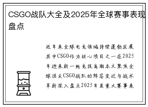 CSGO战队大全及2025年全球赛事表现盘点